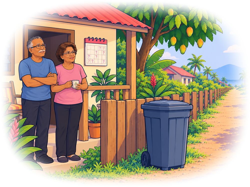 Ilustración: mis papás en el portal de su casa del interior de Panamá, junto al tanque de basura, esperando una recolección que no tiene fecha