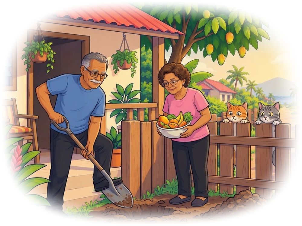 Ilustración: mi papá cava un hoyo en el patio para enterrar los restos de comida que trae mi mamá, mientras dos gatos se asoman por la cerca
