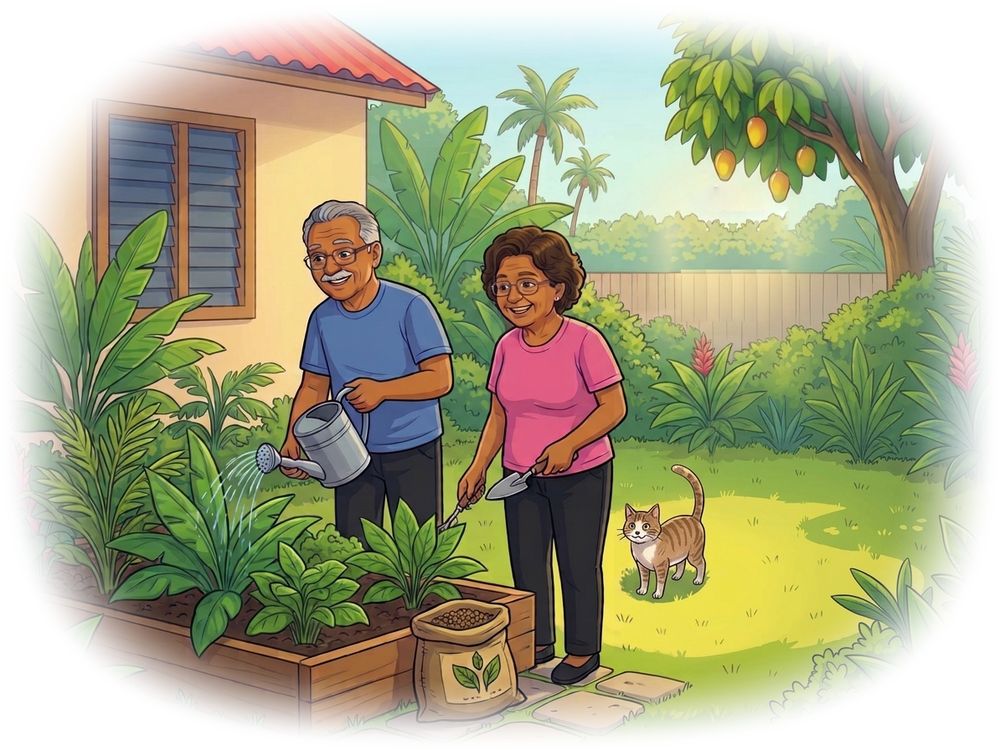 Ilustración: mis papás cuidan felices un huerto sano con abono orgánico en el patio de su casa